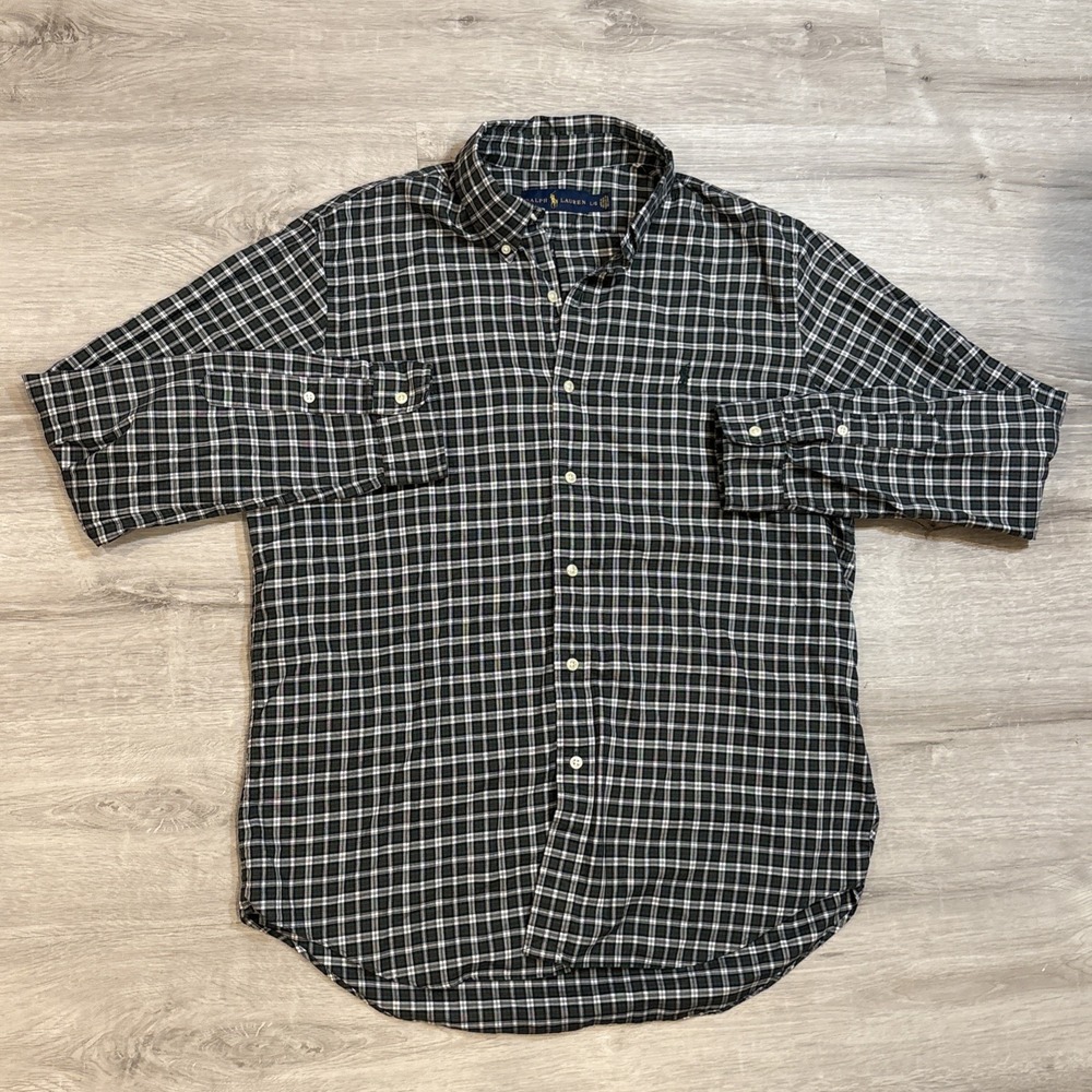 Polo Ralph‎ Lauren Long Sleeve Shirt Mens Stretch Green Black Plaid Large